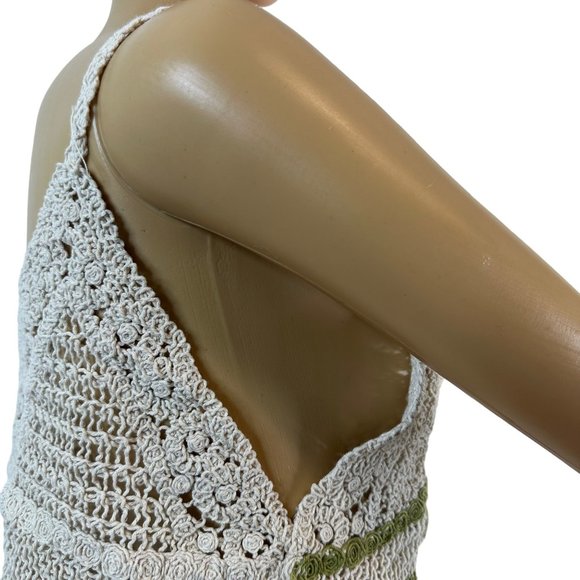 Women Boho Blouse Crop Top Crochet Small Ivory Green Hem Fringe Sleeveless V-Nec - Picture 9 of 16